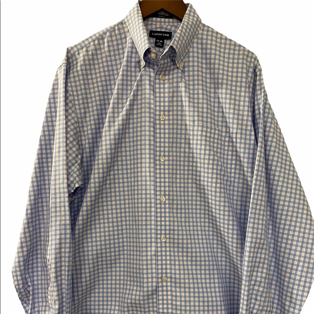 Lands End Men's Blue W/Pink Non Iron Sz 17 36 Tall